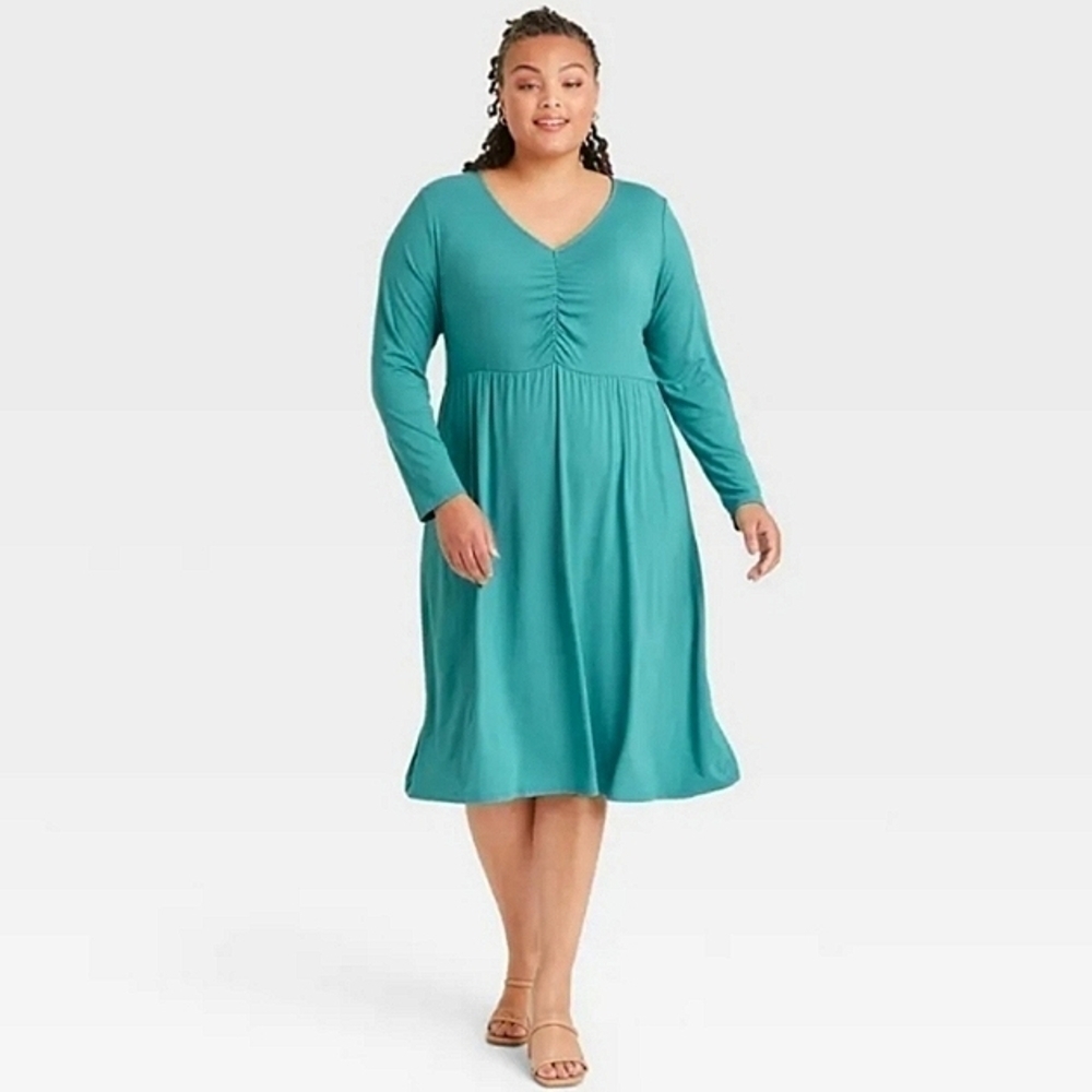 Ava & Viv Teal V‑Neck Ruched Bodice Midi Dress